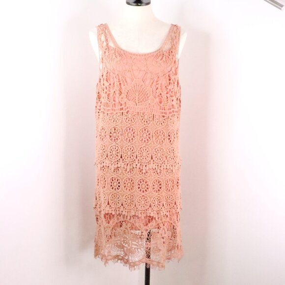 Pinky Women's L Salmon Pink Crochet Macrame Boho Layered Sleeveless Summer Dress - Picture 1 of 11